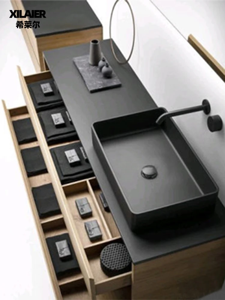 Armario de baño con tablero de roca, estilo japonés, color madera natural, lavarse las manos, lavabo facial, juego de combinación de lavabo integrado - imagen 3