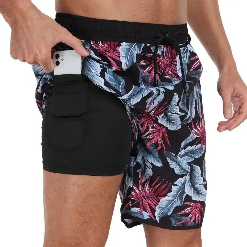 Bañadores de verano con bolsillos y forro, pantalones cortos de baño para hombre, traje de baño estampado con cordón, pantalones cortos de playa de secado rápido para hombre - imagen 5