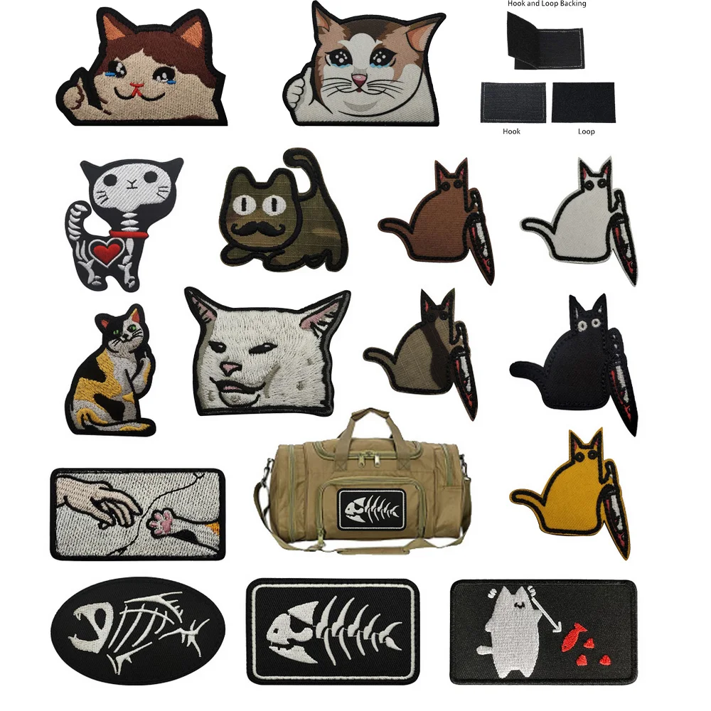 Accesorios para bolsos al aire libre, insignia de gato impresa en la parte superior de la línea, personalidad creativa, cuchillo de pescado, brazalete de moral y parches de mochila