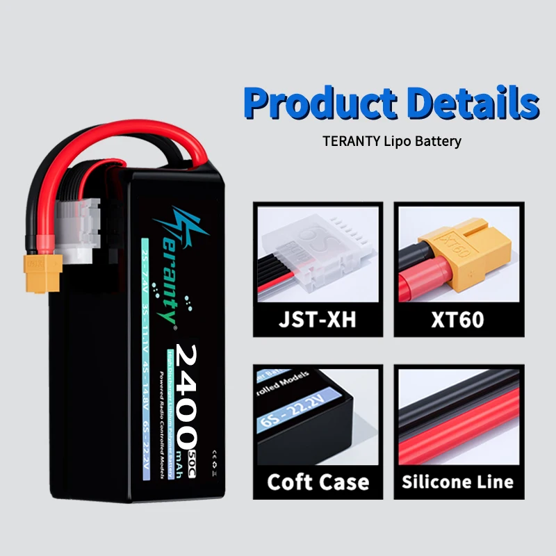 Teranty 6S 2400mAh Lipo Batería 22.2V 50C/100C con T XT60 Plug Softtcase para FPV Drone RC Helicóptero Avión RC Batería - imagen 3
