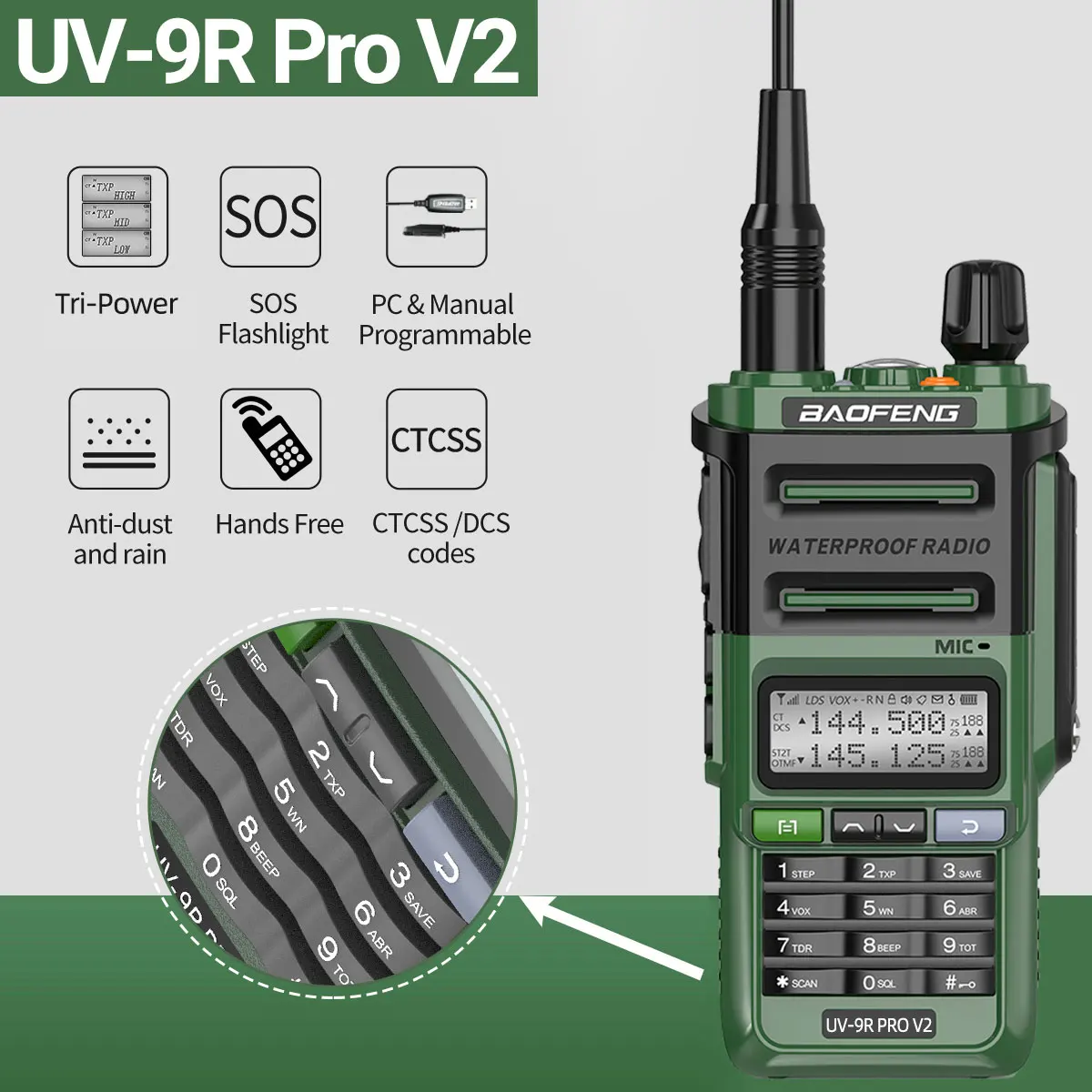 Baofeng UV 9R Pro V2 IP68 Walkie Talkie impermeable Tri-Power tipo C cargador banda Dual Ham CB Radio Radio bidireccional de UV 9R Plus - imagen 4