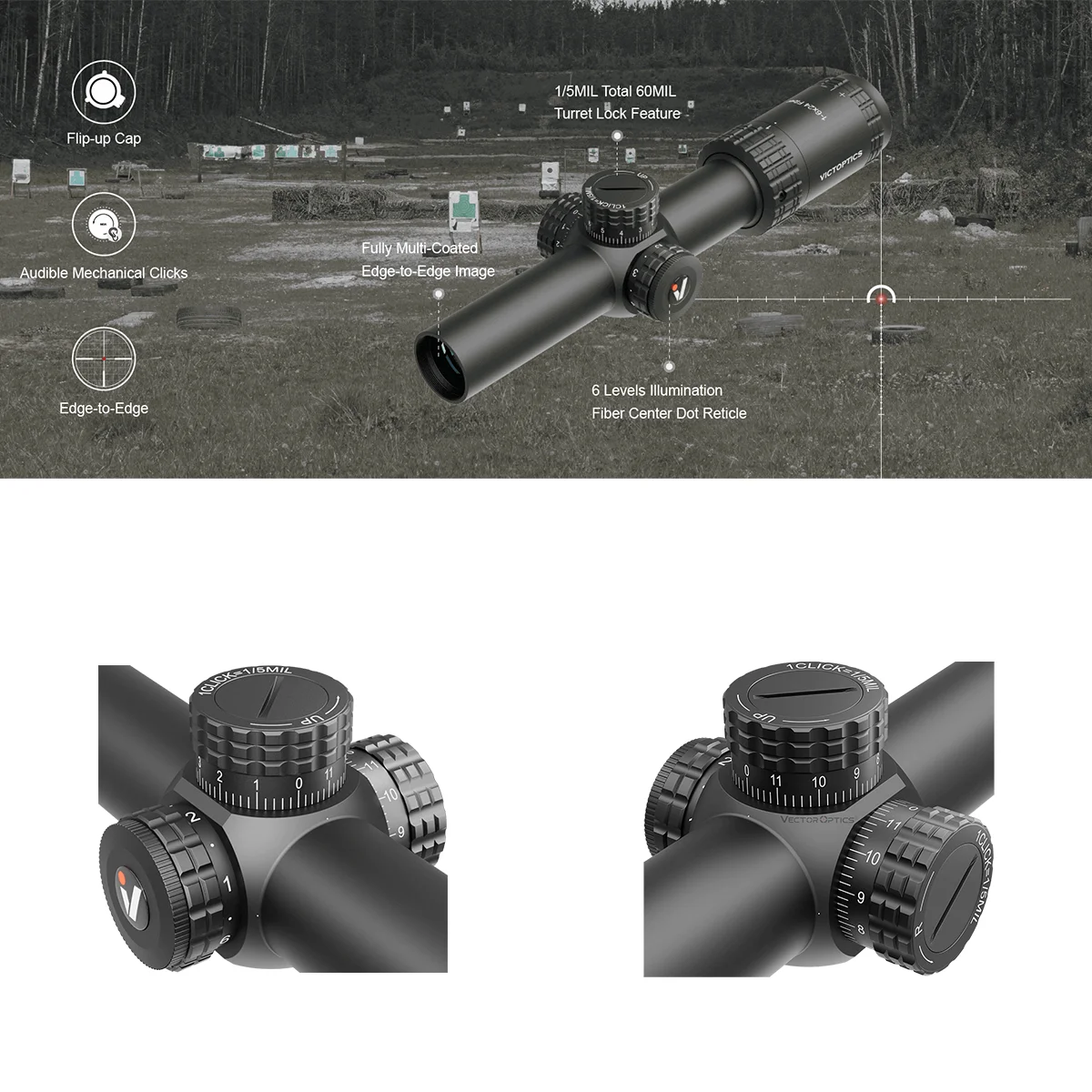 Visor telescópico para rifle VictOptics S6 1-6x24i LPVO SFP con retícula de fibra y características de bloqueo de torreta con punto ultra brillante para la serie AR. - imagen 4