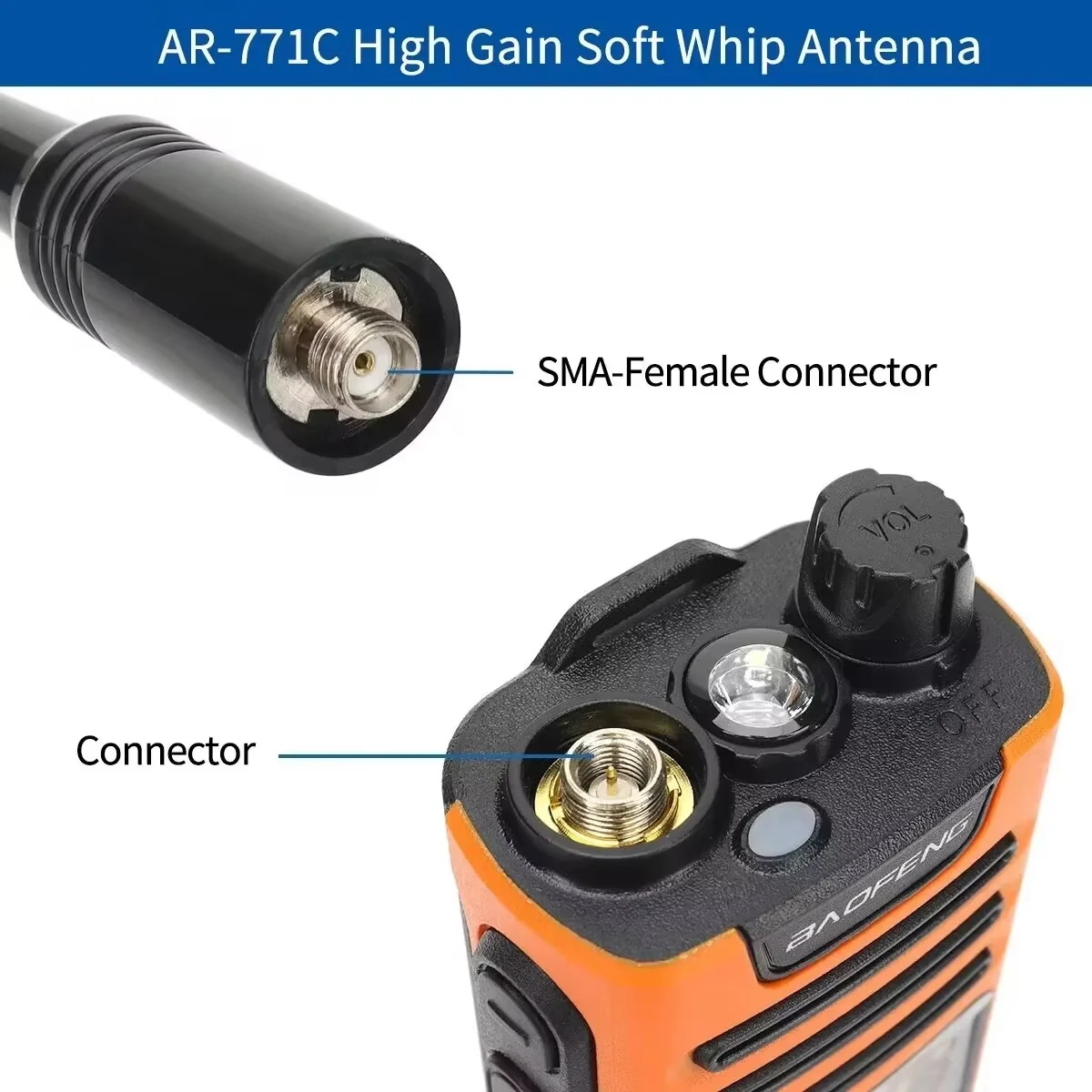 Walkie Talkie AR 771 antena de tres bandas látigo antena suave SMA hembra para Baofeng UV-5R UV 5RH 21 PRO Quansheng UV-K5(8) Radioaficionado - imagen 5