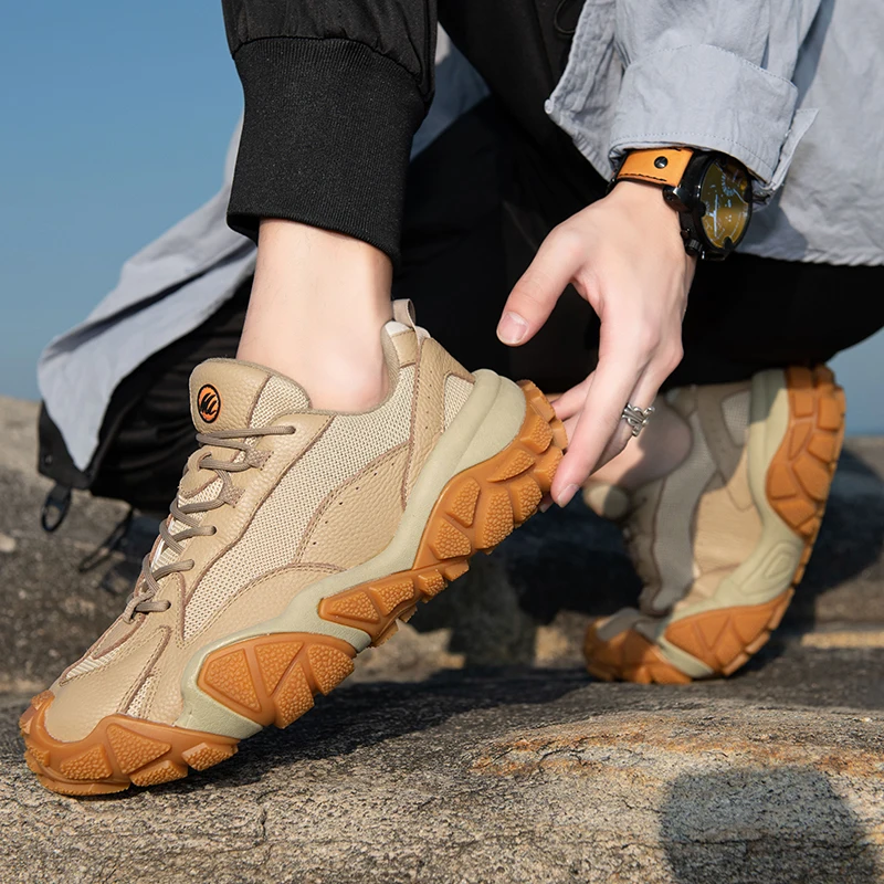 Zapatos de senderismo al aire libre de cuero de vaca para hombre, zapatillas deportivas impermeables antideslizantes que absorben los golpes, botas de montaña para mujer, tobillo informal para hombre - imagen 4