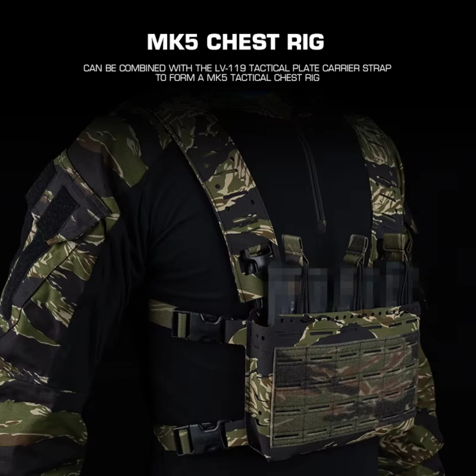 Juego de portador de placa de LV-119, chaleco de aparejo de pecho de bosque ligero con rayas de tigre de liberación rápida MOLLE 2 en 1 para Cosplay de caza Airsoft - imagen 3