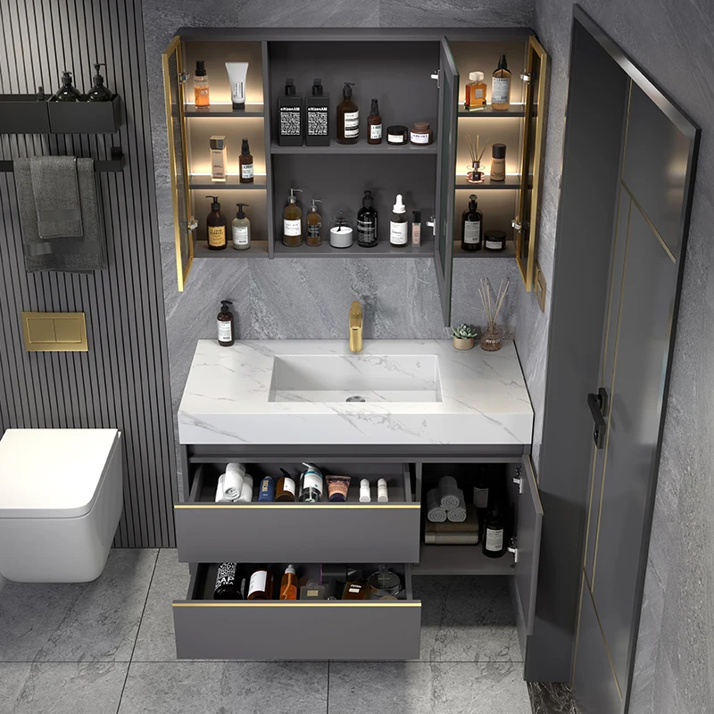 Juego de lavabo de inodoro de lavado de cara integrado, gabinete de baño de lujo ligero y simple moderno, combinación de losa de piedra - imagen 3