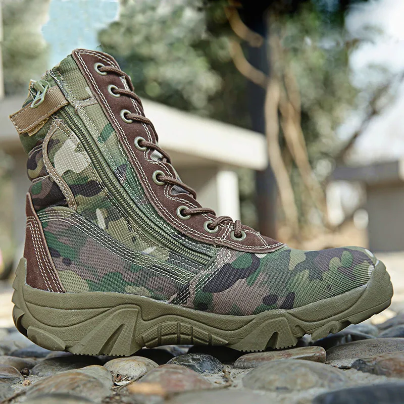 Botas tácticas de lona de punta redonda para hombre, botines de combate con cordones y cremallera, zapatos casuales para el desierto, Primavera - imagen 3