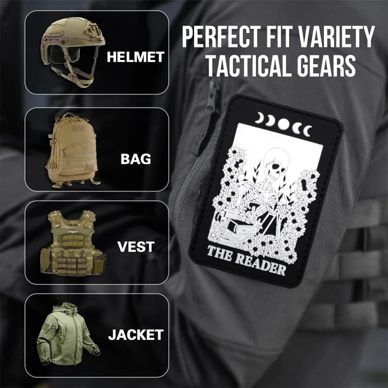 Parche de PVC con esqueleto "THE READER", chaleco táctico, sombreros con gancho y bucle, insignia de moral, pegatinas para mochila, parches para brazalete para ropa