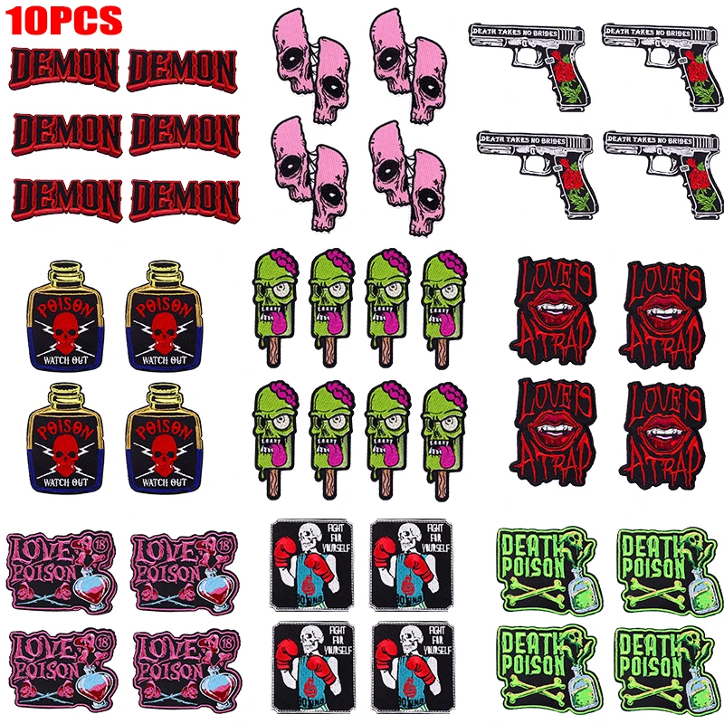 Parche bordado de calavera de terror personalizado, botella Punk, parches termoadhesivos para ropa, bricolaje, 10 Uds.