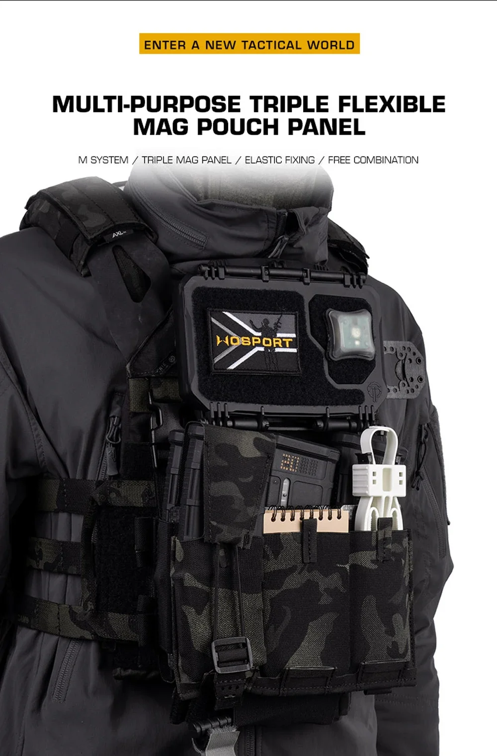 Panel táctico triple mag con sistema MOLLE visto de frente