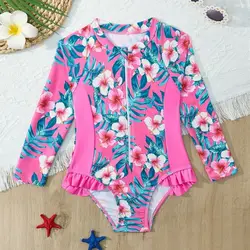 Traje de baño de manga larga con protección UV para niños, traje de baño de una pieza con estampado de flores para niñas de 3 a 8 años
