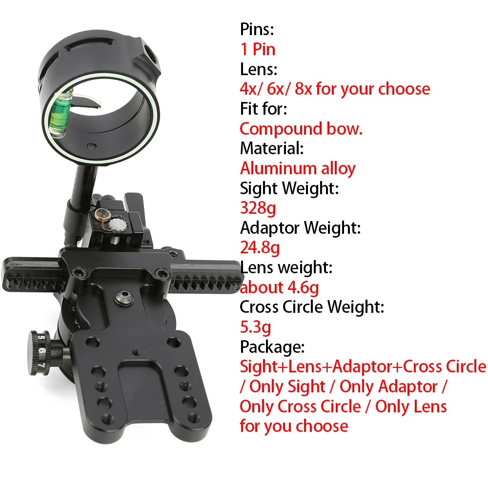 Mira de arco compuesto de 1pin, lente 4/6/8X para caza, fibra óptica de 0,019 pulgadas, mira de tiro con arco ajustable, objetivo de caza para tiro al aire libre - imagen 2