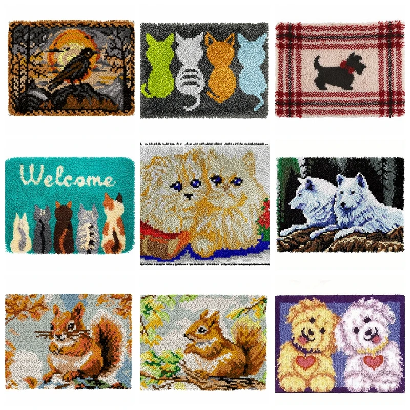 Kit de alfombra con gancho de pestillo de animales, Kits de gancho de pestillo con patrón para adultos para principiantes, Kit de alfombra con gancho de pestillo de ganchillo, funda de cojín para gato - imagen 2