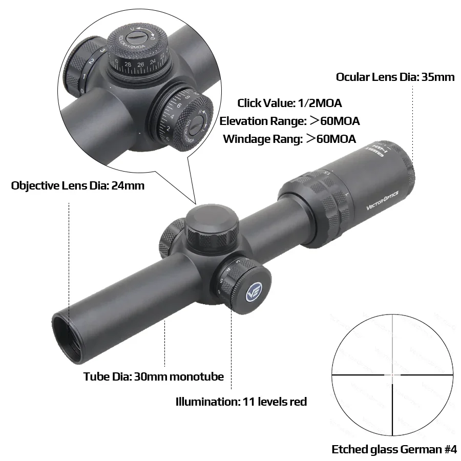Vector Optics Grizzly 1-4X24 Sfp Mira telescópica de caza # 4 para Ar 15.223 Envío desde Rusia - imagen 3