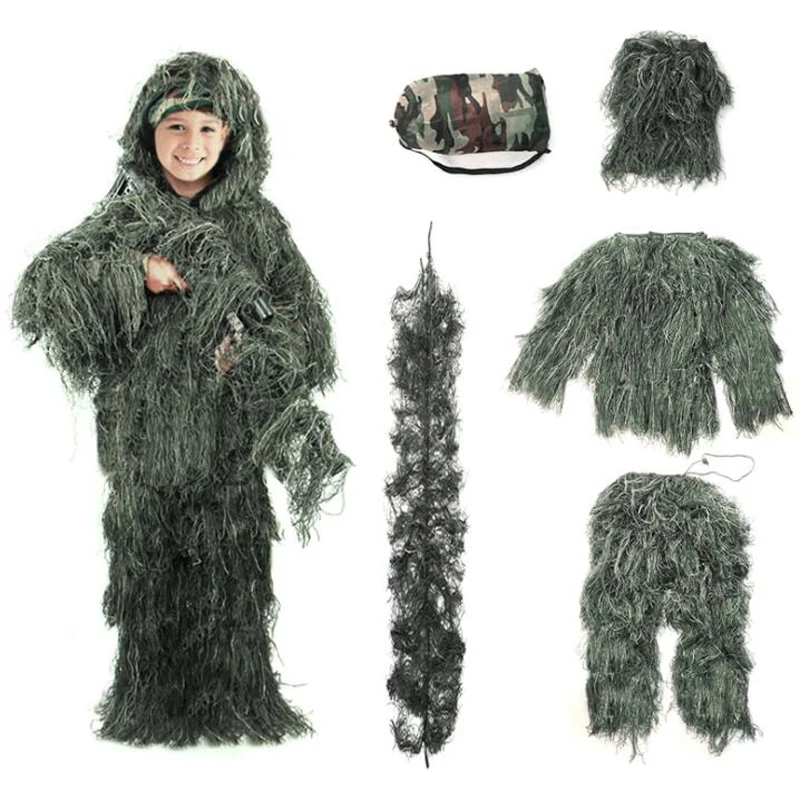 Trajes Ghillie de camuflaje para niños, traje táctico militar de jungla, pantalones, sombreros, bolsas de almacenamiento, 5 uds. - imagen 4