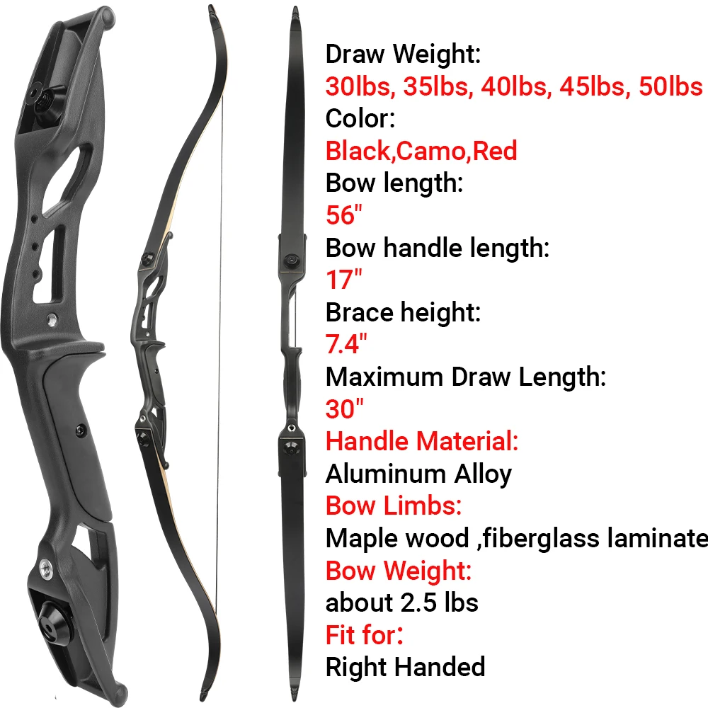Arco recurvo de 30-50 libras, arco recurvo de 56 ", mango de arco de 17 pulgadas, elevador, mano derecha, caza, tiro con arco, aljaba, equipo para exteriores - imagen 2