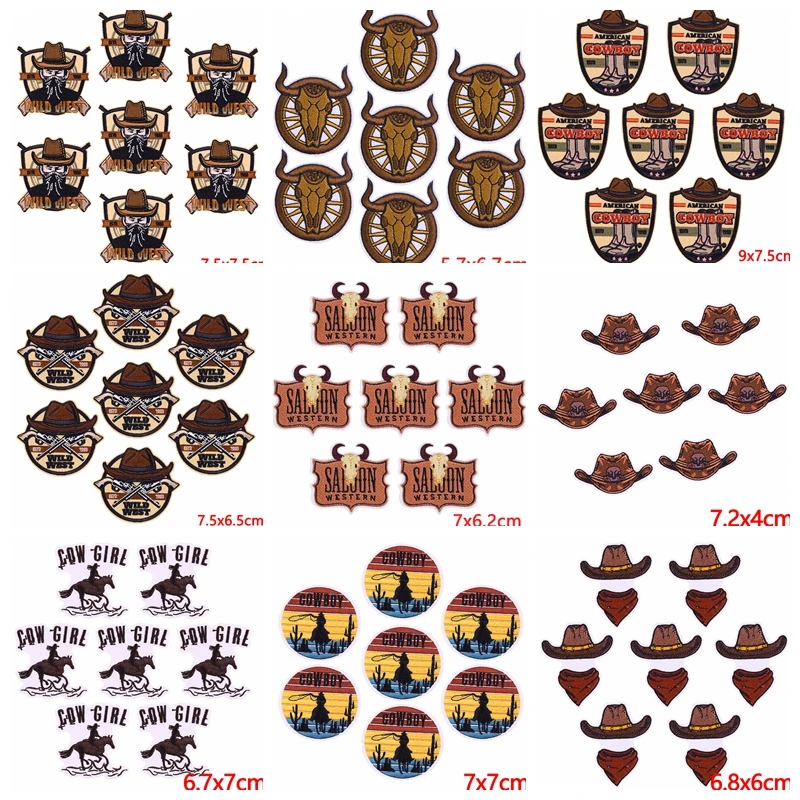 10 unids/lote, apliques de vaquero occidental, parche bordado, parches para planchar para ropa, parches termoadhesivos para ropa, pegatina Diy