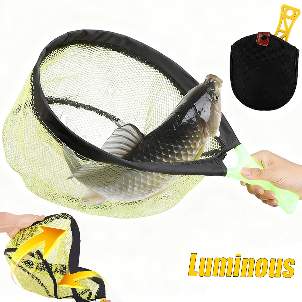 Red de aterrizaje portátil, red de pesca con mosca plegable, malla recubierta de goma de secado rápido, pescado de mano con mango luminoso para captura/liberación