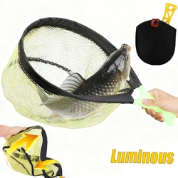 Red de aterrizaje portátil, red de pesca con mosca plegable, malla recubierta de goma de secado rápido, pescado de mano con mango luminoso para captura/liberación