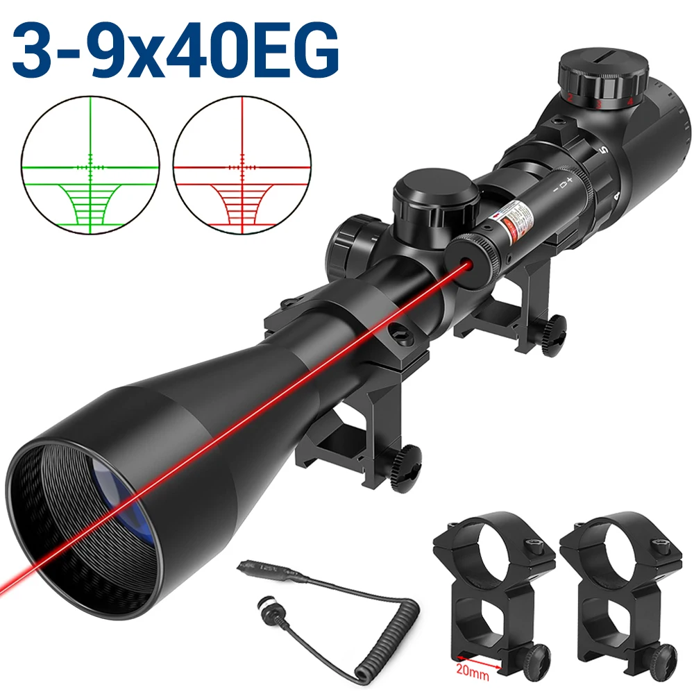 Mira telescópica 3-9x40, alcance óptico de caza, alcance óptico iluminado rojo o verde con mira láser roja, mira de retícula Mil-dot