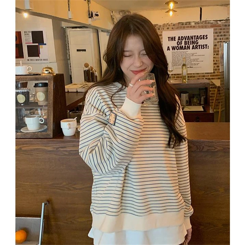 Camisetas de manga larga a rayas para mujer, jerséis sueltos cómodos, Tops casuales para mujer, camiseta de gran tamaño para mujer, primavera y verano - imagen 2