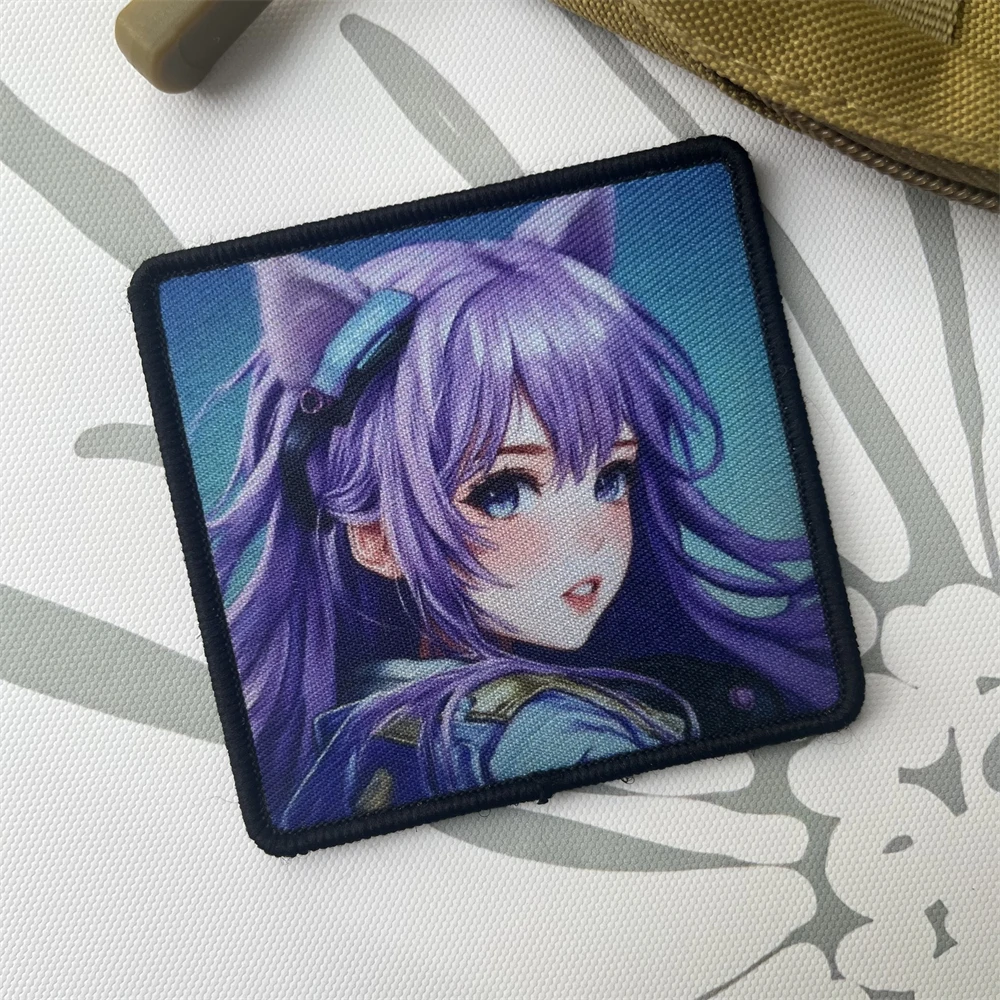 Parches tácticos de moral de niña con orejas de zorro de pelo morado para ropa, parche de gancho y bucle impreso, pegatina para mochila militar - imagen 2