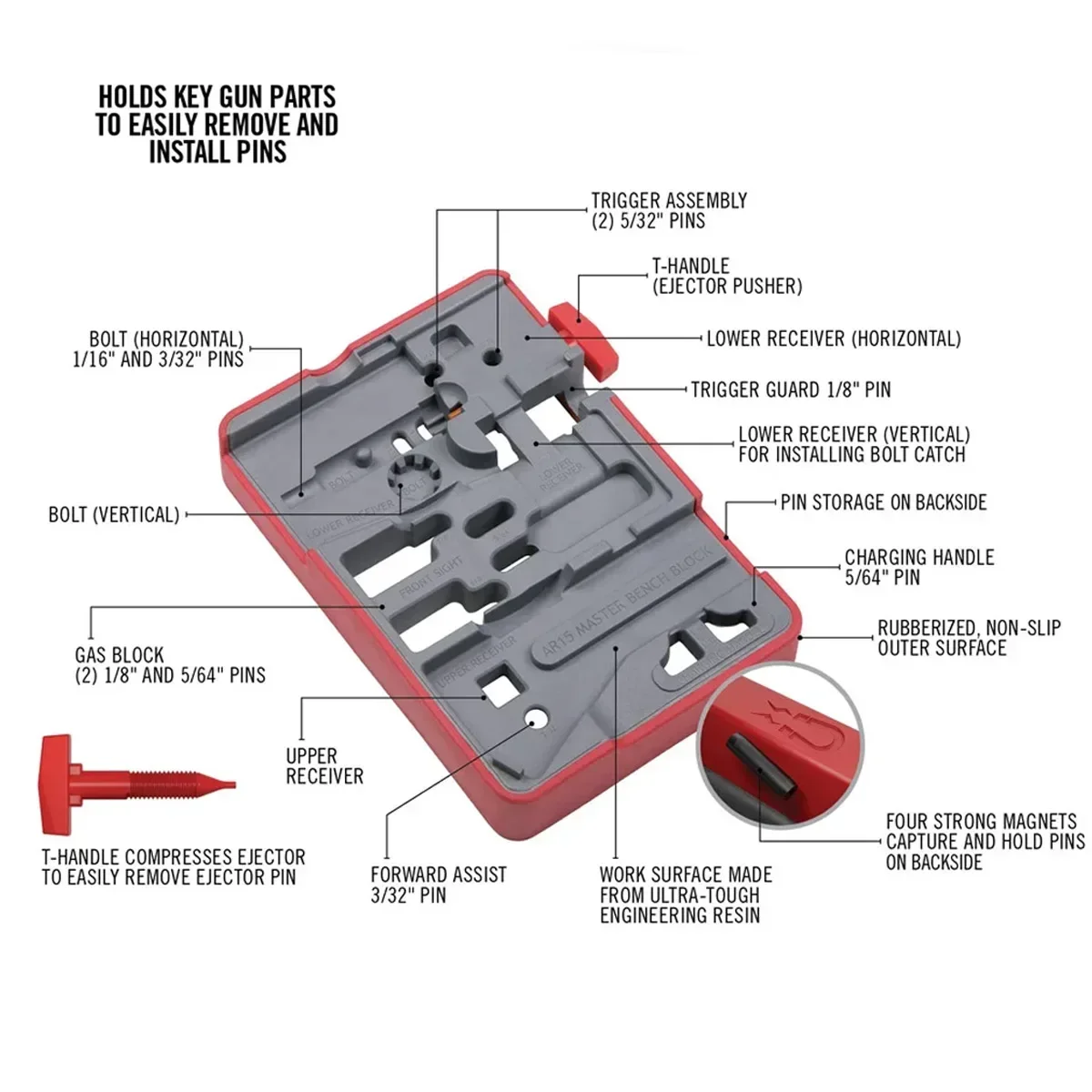 AR15-Bloque de Banco maestro, herramientas de reparación de AR-15 de construcción ultraresistentes, banco con 4 imanes, superficie antideslizante resistente - imagen 4