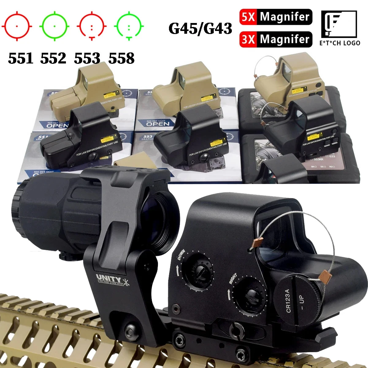 551 552 553 558 mira holográfica de punto rojo y verde FTC montaje de unidad de caza G43 G45 alcance 3X 5X lupa mira telescópica ajuste 20mm - imagen 2