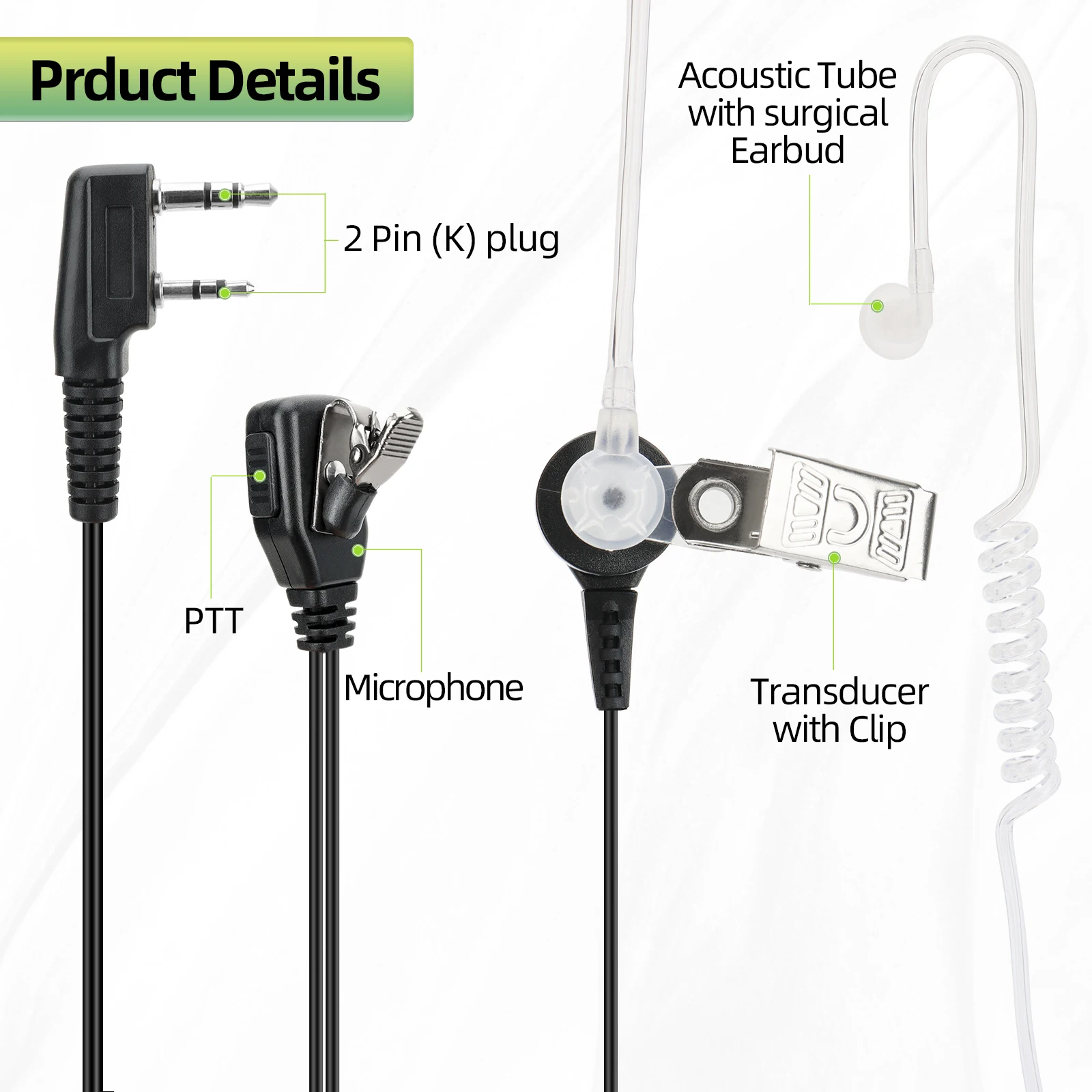 Walkie Talkie Auriculares con tubo de aire acústico Auricular PTT de 2 pines para Baofeng UV-5R BF-888S UV-21 PRO Quansheng UV-K5 UV-K5 (8) - imagen 5