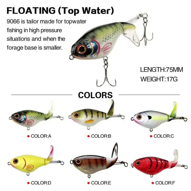 Señuelos de pesca Topwater de 75mm/17g, cebo Artificial Whopper Popper, Plopper duro, cola giratoria suave, aparejos de pesca, señuelo Crankbaits - imagen 4