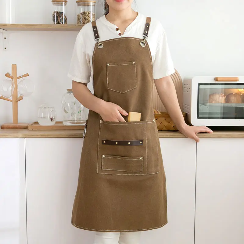 Babero de lona de cuero para hombres y mujeres, delantal de cocina para Chef, Barista, barman, delantal con bolsillos, hogar, barbería, café, restaurante, jardín, Pinafore - imagen 4