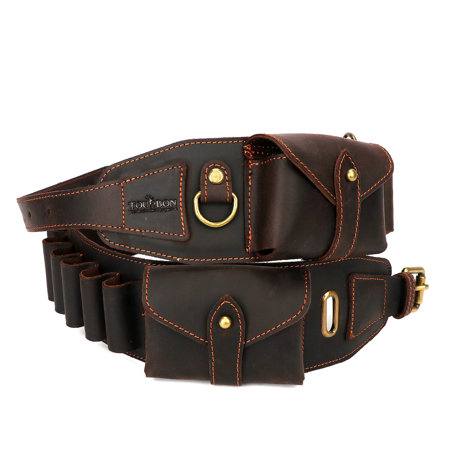 Tourbon-accesorios de caza, cartuchos de bandolera para pistola de calibre 12, cinturón, soporte para munición de cuero genuino marrón con bolsillo - imagen 5