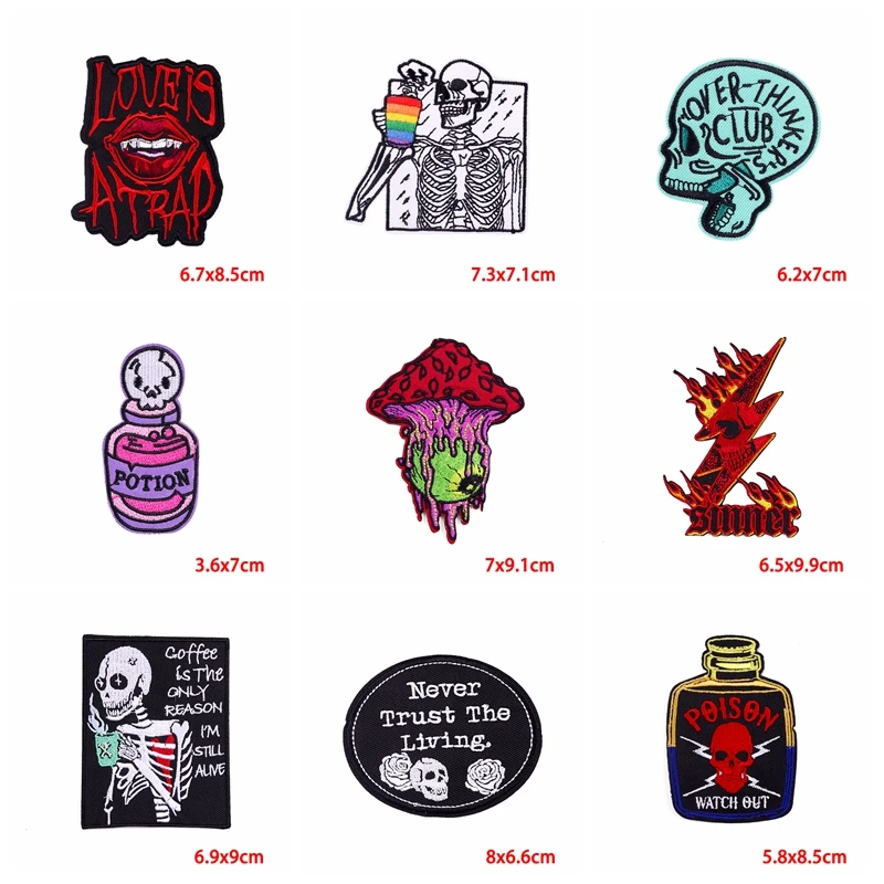 10PCS/lots Punk Skull Patch Horror Flame Butterfly Mouth Embroidered Patches For Clothes DIY Iron On Patches For Clothing DIY - imagen 5