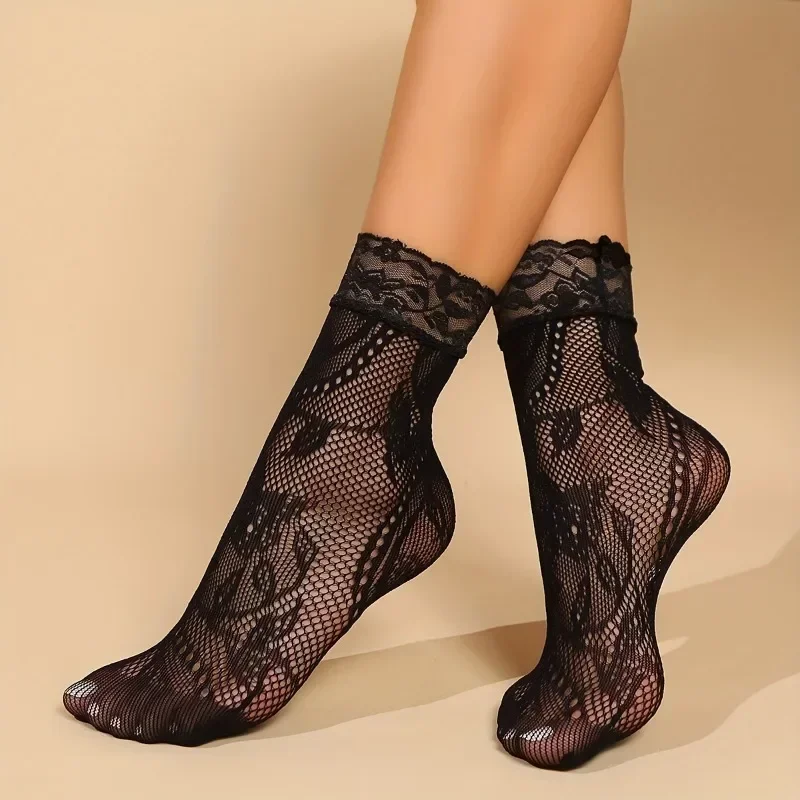 5 pares de calcetines de encaje Floral calcetines cortos finos transpirables malla de verano red de pesca Lolita medias de mujer - imagen 3
