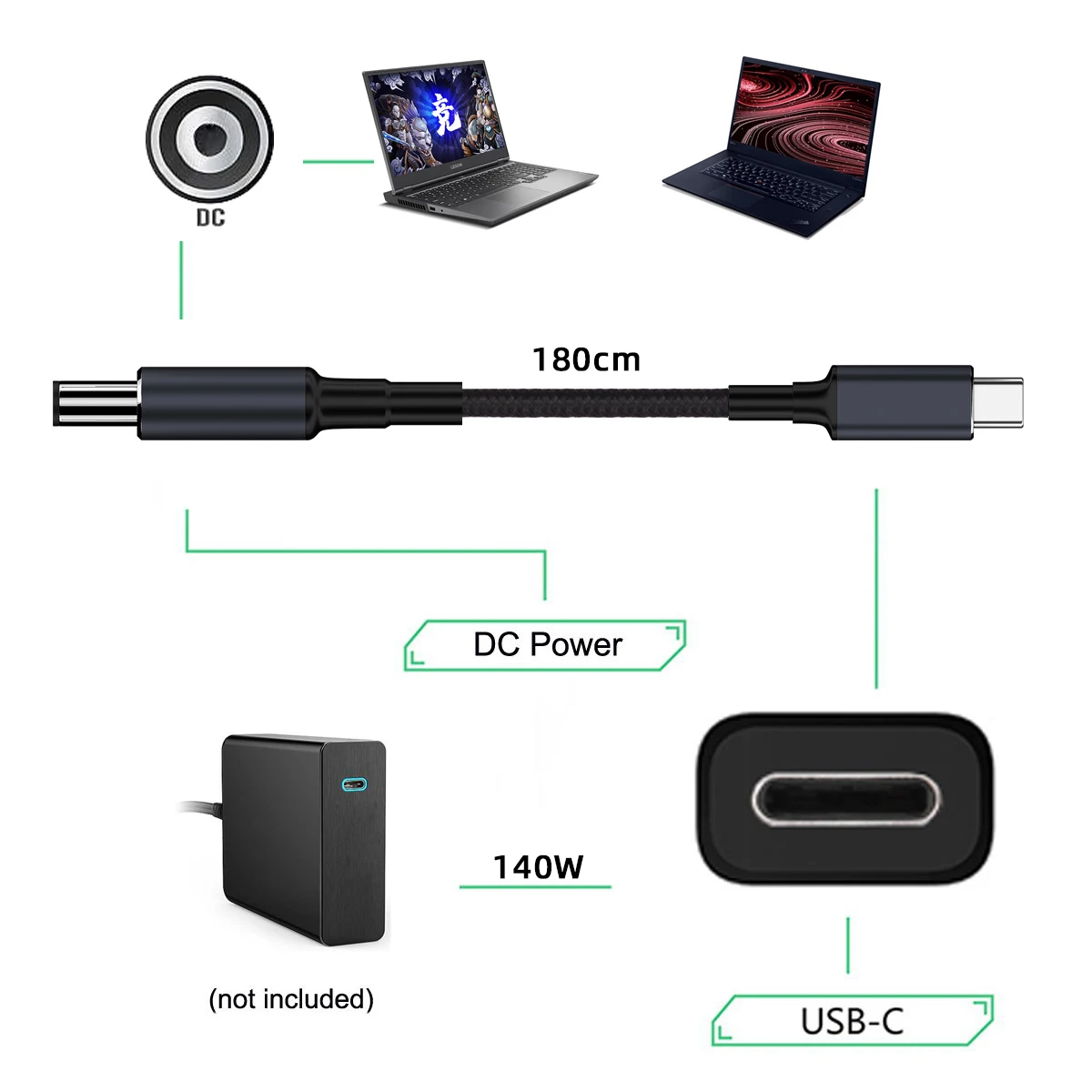 Cable de carga tipo C para ordenador portátil, USB-C de 1,8 m de potencia, 100W, 135W, 140W, 65W, entrada a salida DC 5,5x2,1mm, 20V - imagen 4