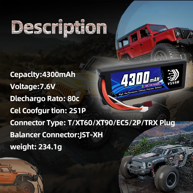 2 unidades VSVAW Lipo batería 2S 7,6 V 80C 4300mAh con conector Deans para RC coche camión vehículo Buggy Losi RC piezas de modelos de carreras - imagen 3