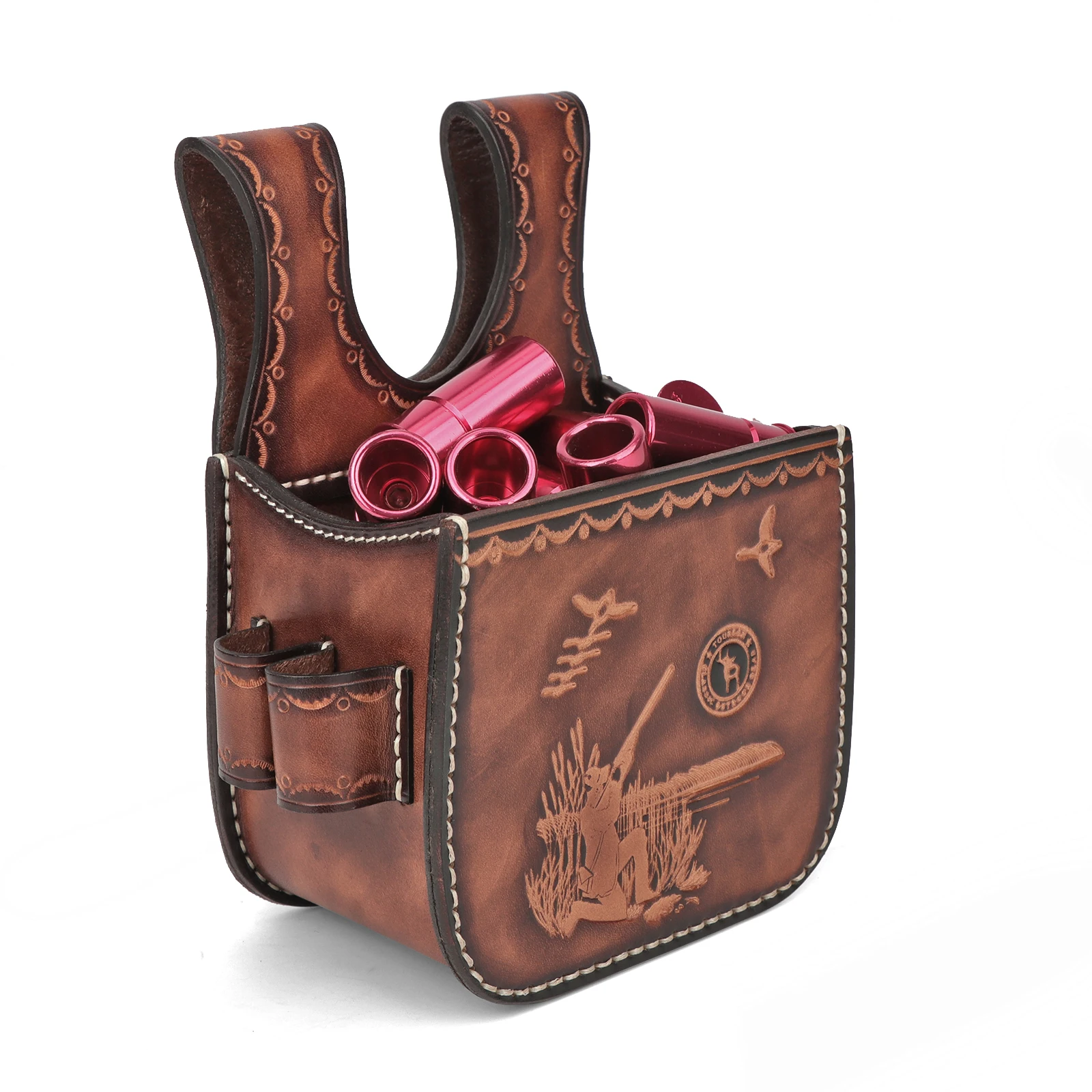 Tourbon-riñonera de cuero para munición, estuche para cartuchos, carcasa para pistola con 2 bucles de bala para caza con trampa de arcilla de calibre 12/16/20 - imagen 5