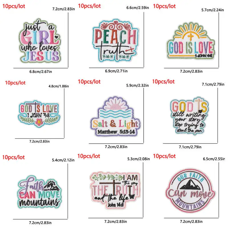 10 unids/lote parches bordados de fe cristiana letras inspiradoras parches temáticos religiosos-ropa/bolsas-pegatinas de decoración rasgadas