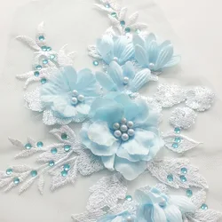 Apliques encaje floral 3D con cuentas y diamantes imitación para ropa