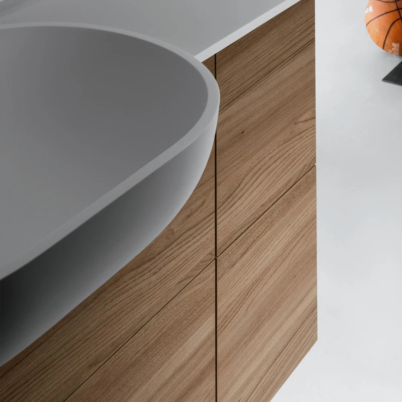 Piedra artificial de color sólido personalizada, lavabo integrado debajo de la encimera, gabinete de roble, lavabo de mano, inodoro - imagen 3