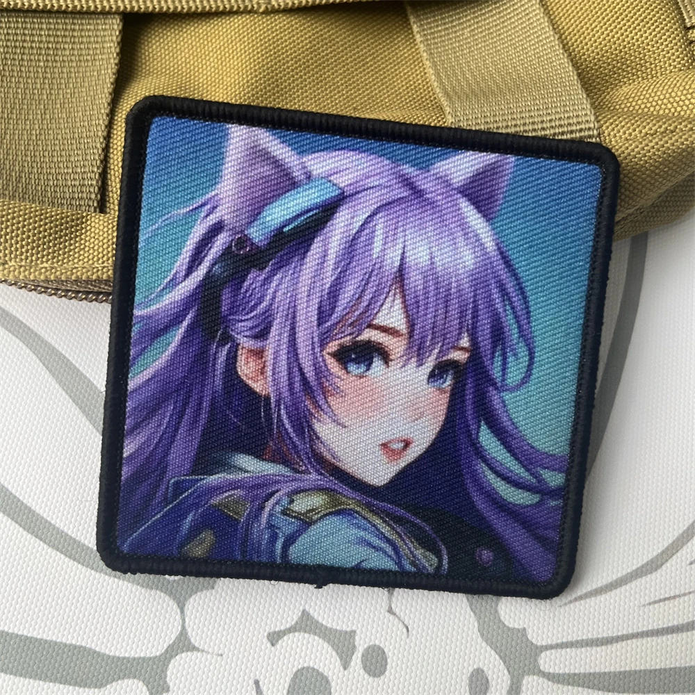 Parches tácticos de moral de niña con orejas de zorro de pelo morado para ropa, parche de gancho y bucle impreso, pegatina para mochila militar - imagen 5