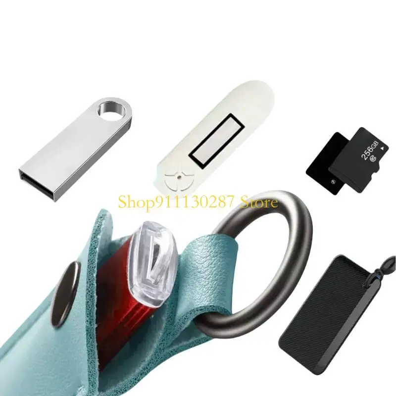 J1HC Funda cuero PU para unidad Flash, bolsa almacenamiento con llavero para dispositivos USB y artículos electrónicos