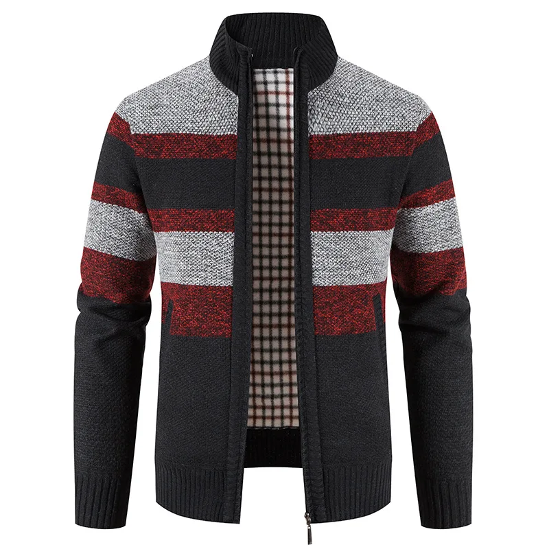 Cárdigan a rayas para hombre, chaqueta informal de retales, gruesa, cálida, de manga larga, medio cuello alto, suéteres de punto, abrigo, ropa masculina - imagen 4
