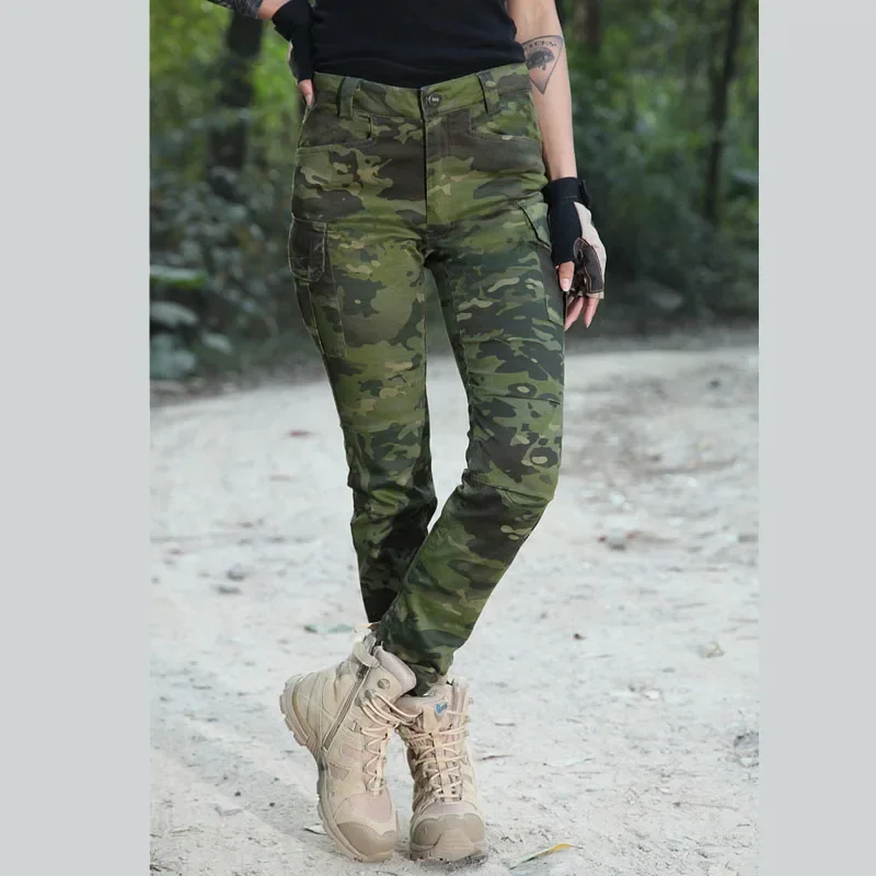 Pantalones tácticos de caza de camuflaje para mujer, pantalones de entrenamiento táctico para senderismo al aire libre, pantalones elásticos de algodón con múltiples bolsillos - imagen 3