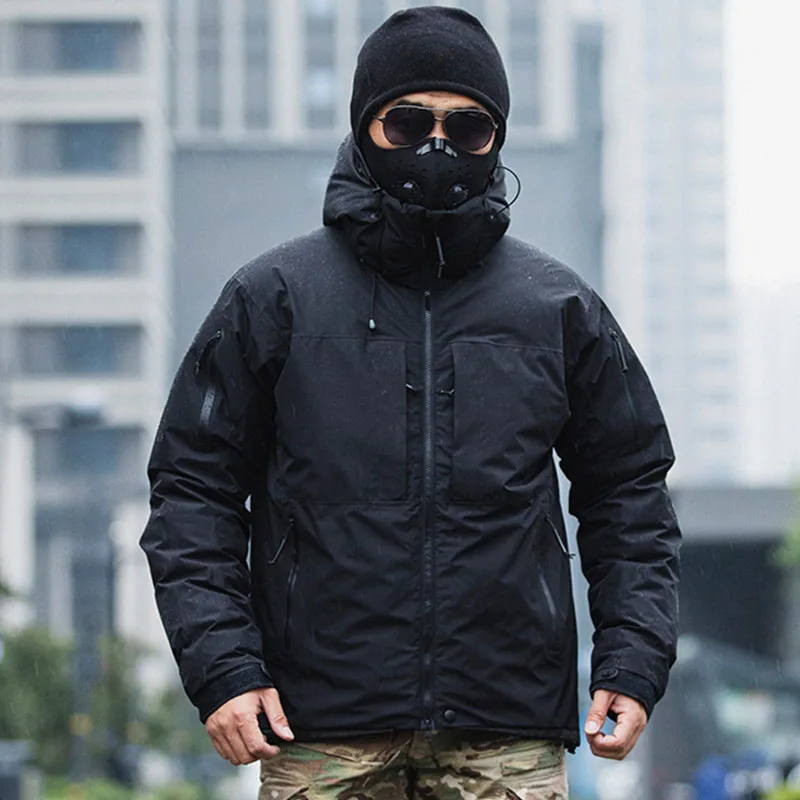 Chaquetas de plumón tácticas de camuflaje para hombre, abrigos militares cálidos impermeables con múltiples bolsillos, acolchados, con capucha del ejército al aire libre, 90% gris - imagen 5