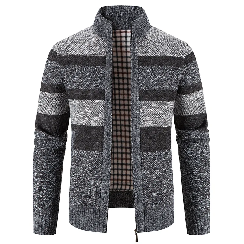 Cárdigan a rayas para hombre, chaqueta informal de retales, gruesa, cálida, de manga larga, medio cuello alto, suéteres de punto, abrigo, ropa masculina - imagen 3