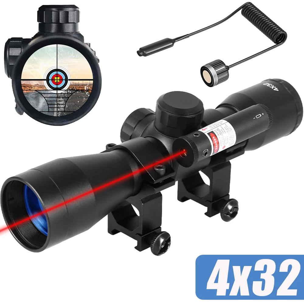 Mira táctica 4X32 con mira láser roja, mira telescópica compacta para Rifle, óptica de caza con soportes de anillo de riel de 11mm y 20mm
