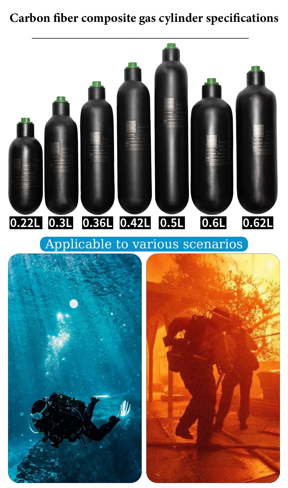 220cc/360cc/500cc 0.3L,0.42L,0.6LHPA tanque de gas de alta presión de fibra de carbono, cilindro de gas de respiración de buceo 4500Psi, 300Bar, M18 * 1,5 - imagen 5