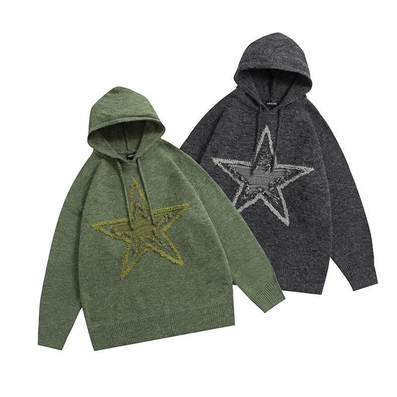 Sudadera con capucha de gran tamaño para hombre y mujer, suéter de punto suelto con estrellas rasgadas, ropa de calle de Hip Hop - imagen 5