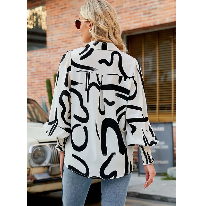 Camisa estampada para mujer, Blusa de manga acampanada con botonadura única, informal, holgada, con solapa, para oficina, primavera y verano - imagen 5